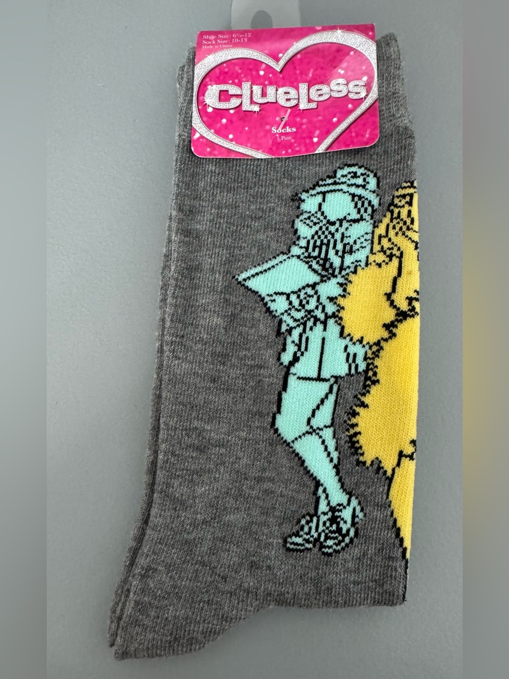 Clueless movie Gray Crew Socks with Teal Character and Yellow Accent novelty